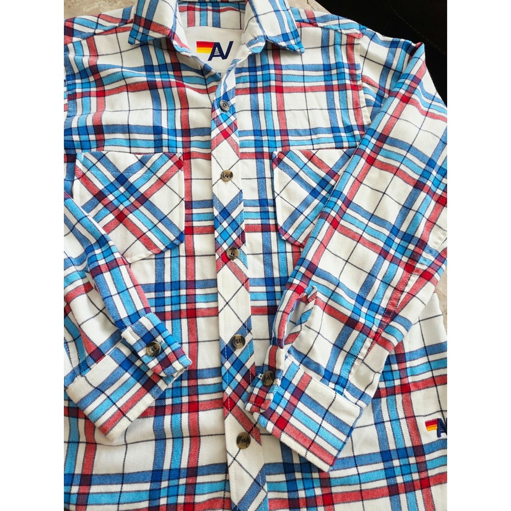Aviator Nation Mens Plaid Flannel Shirt Red Blue White Frayed Hem Small USA - Picture 13 of 14